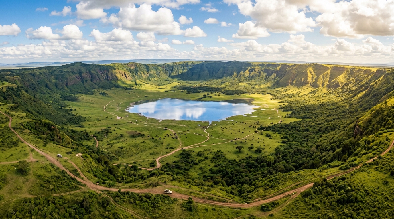 Panoramic view of Ngorongoro's green crater and lake