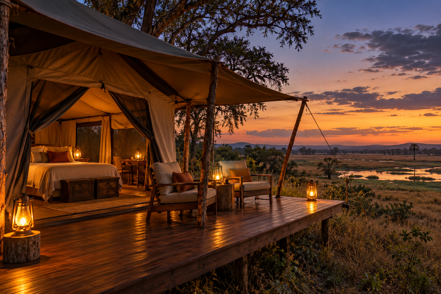 Warmly lit canvas safari tent overlooking wilderness at dusk
