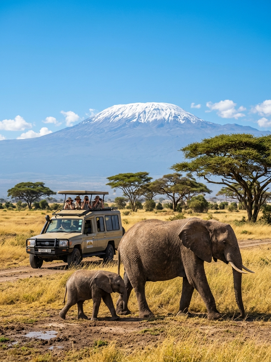 Mount Kilimanjaro with Safari Vehicle and Elephants