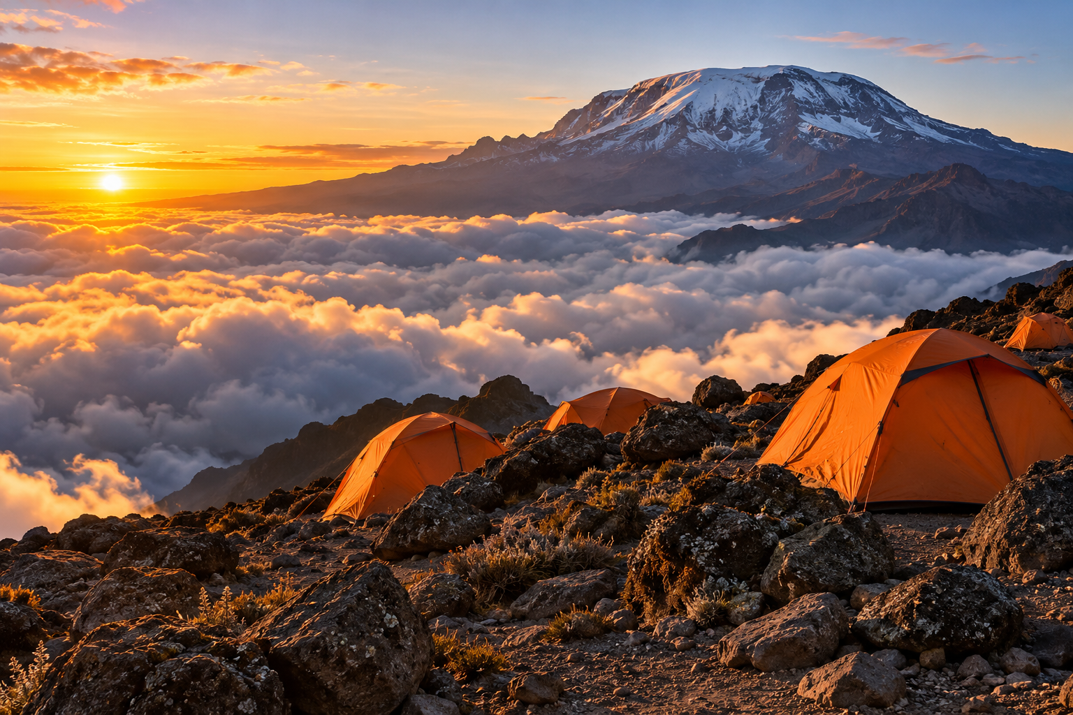 Trekking tents at a mountain camp above the clouds