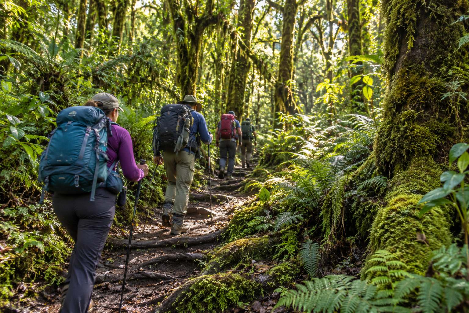 Hikers following a lush mountain forest trail