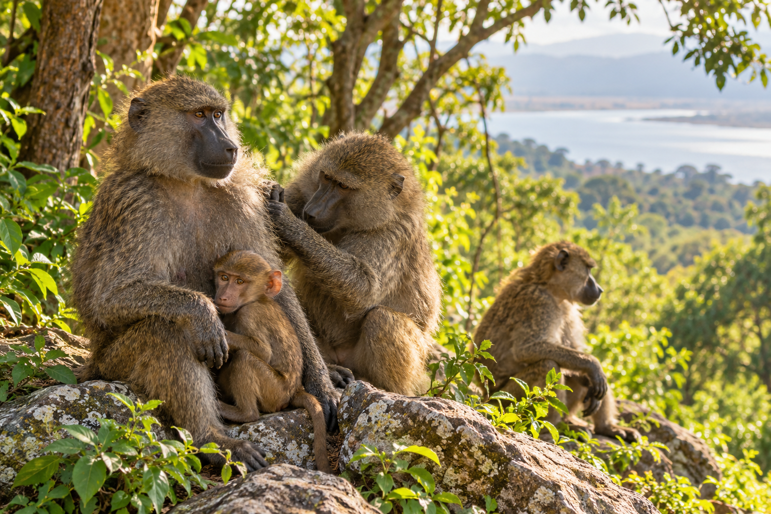 Olive baboons and a youngster resting in green forest