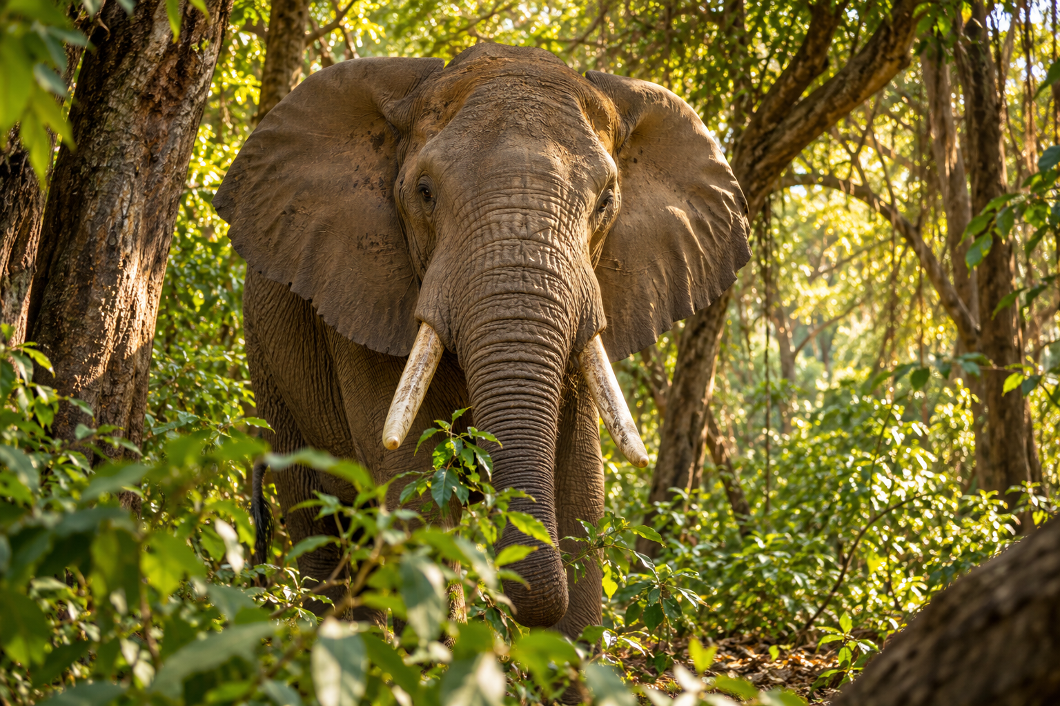 African elephant among lush groundwater forest trees