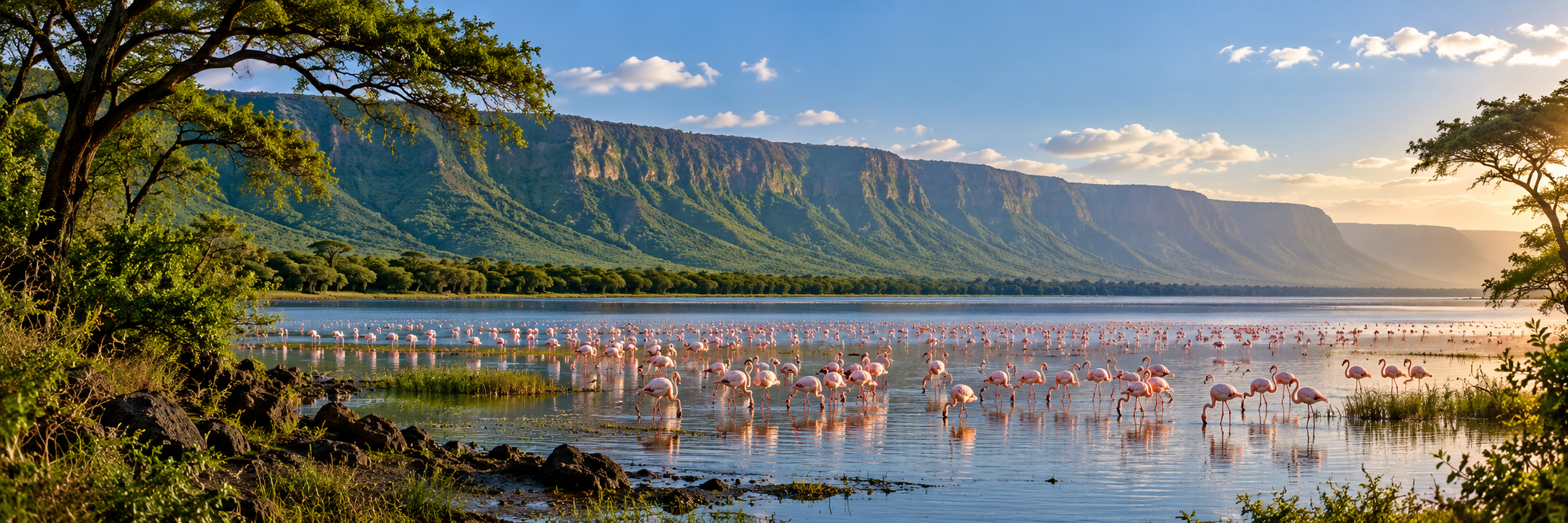 Flamingos in shallow Lake Manyara water beneath the escarpment