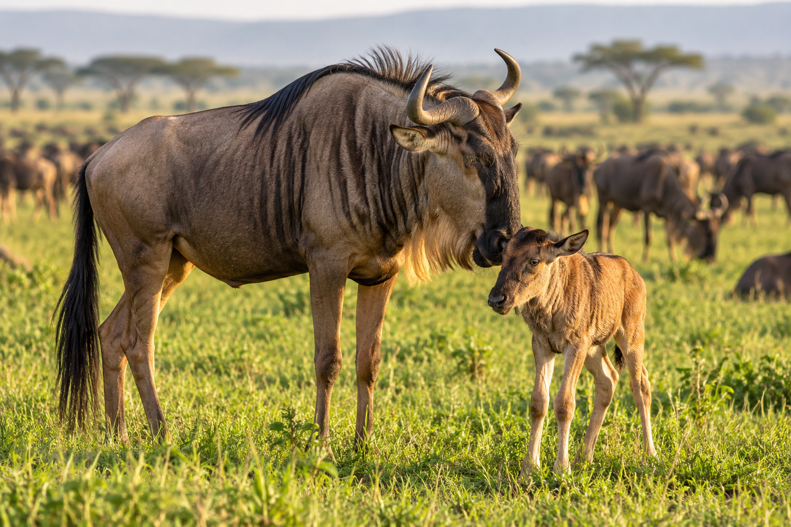 Wildebeest mother and calf on fresh grassland