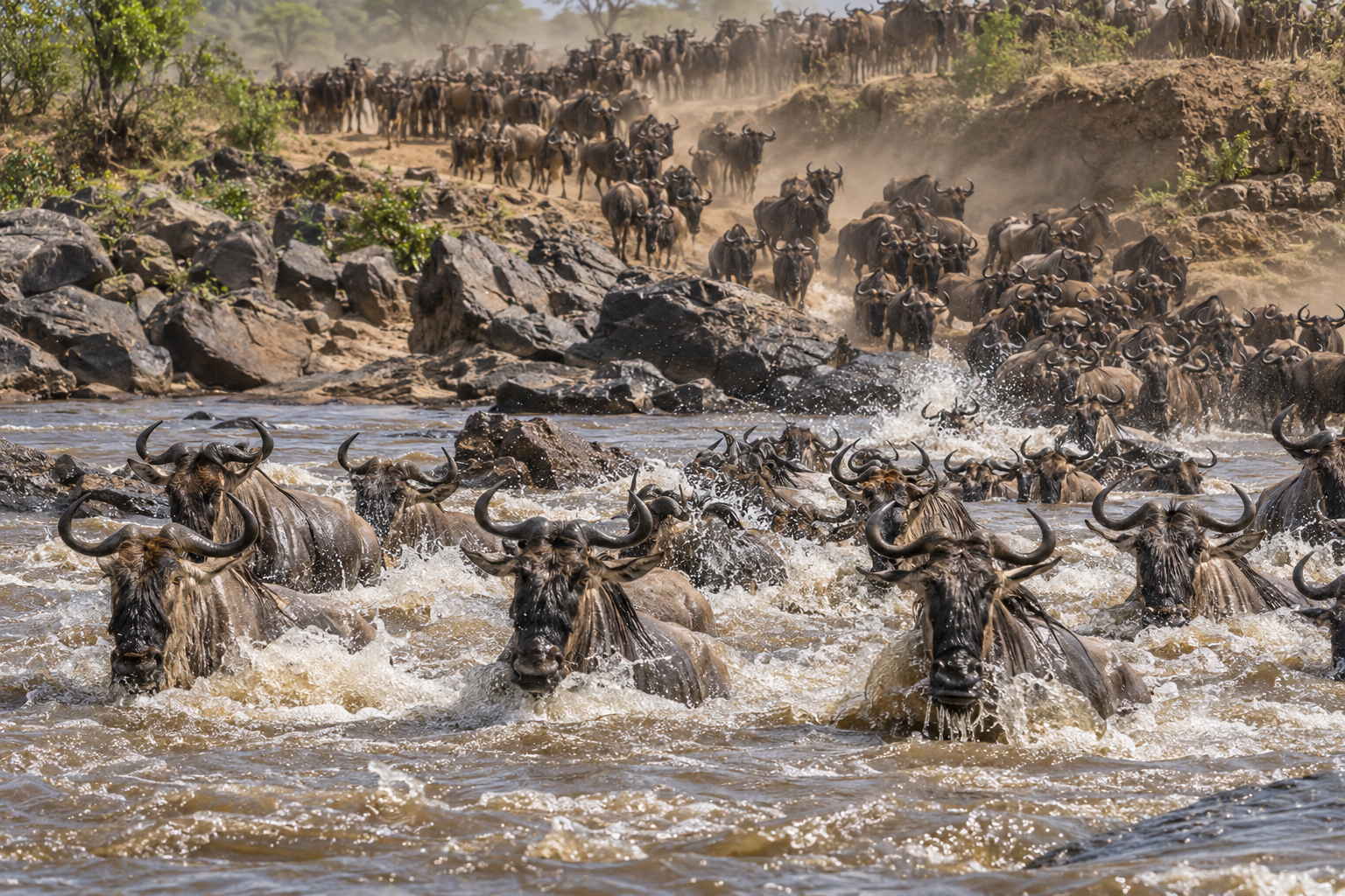 Wildebeest crossing a river during the Great Migration