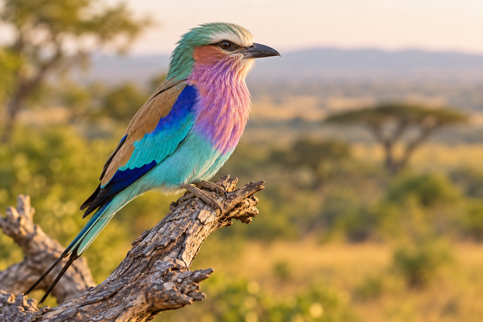 Colourful lilac-breasted roller perched on a branch