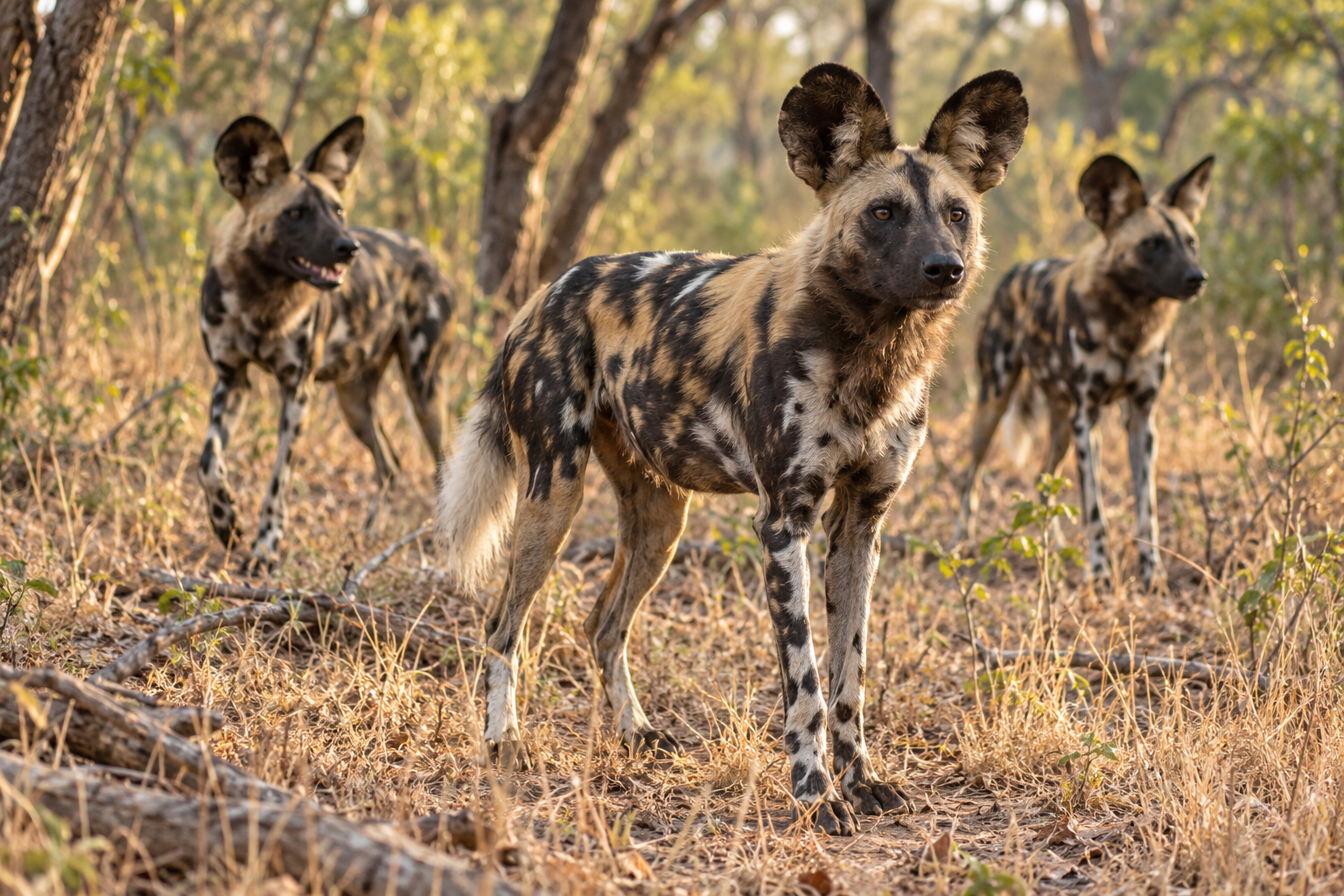African wild dog pack in dry woodland grass