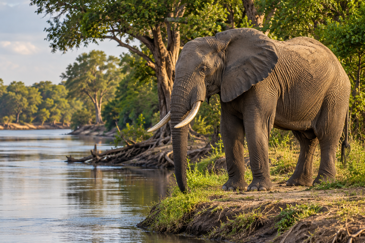 African elephant standing beside a wooded riverbank