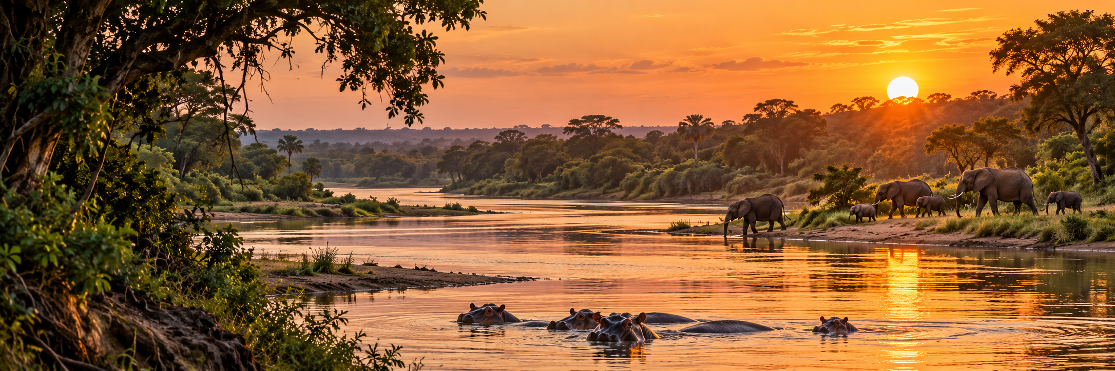 Rufiji River winding through wooded wilderness at sunset