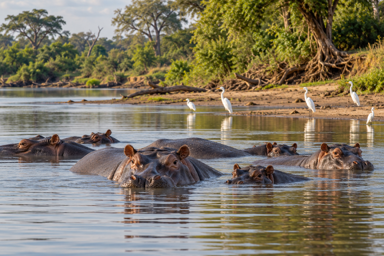 Hippo pod resting in shallow water