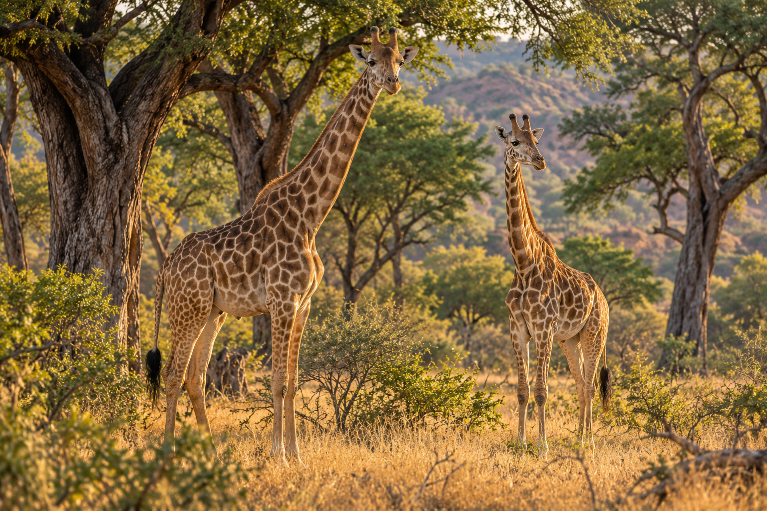 Two giraffes standing among sunlit woodland trees