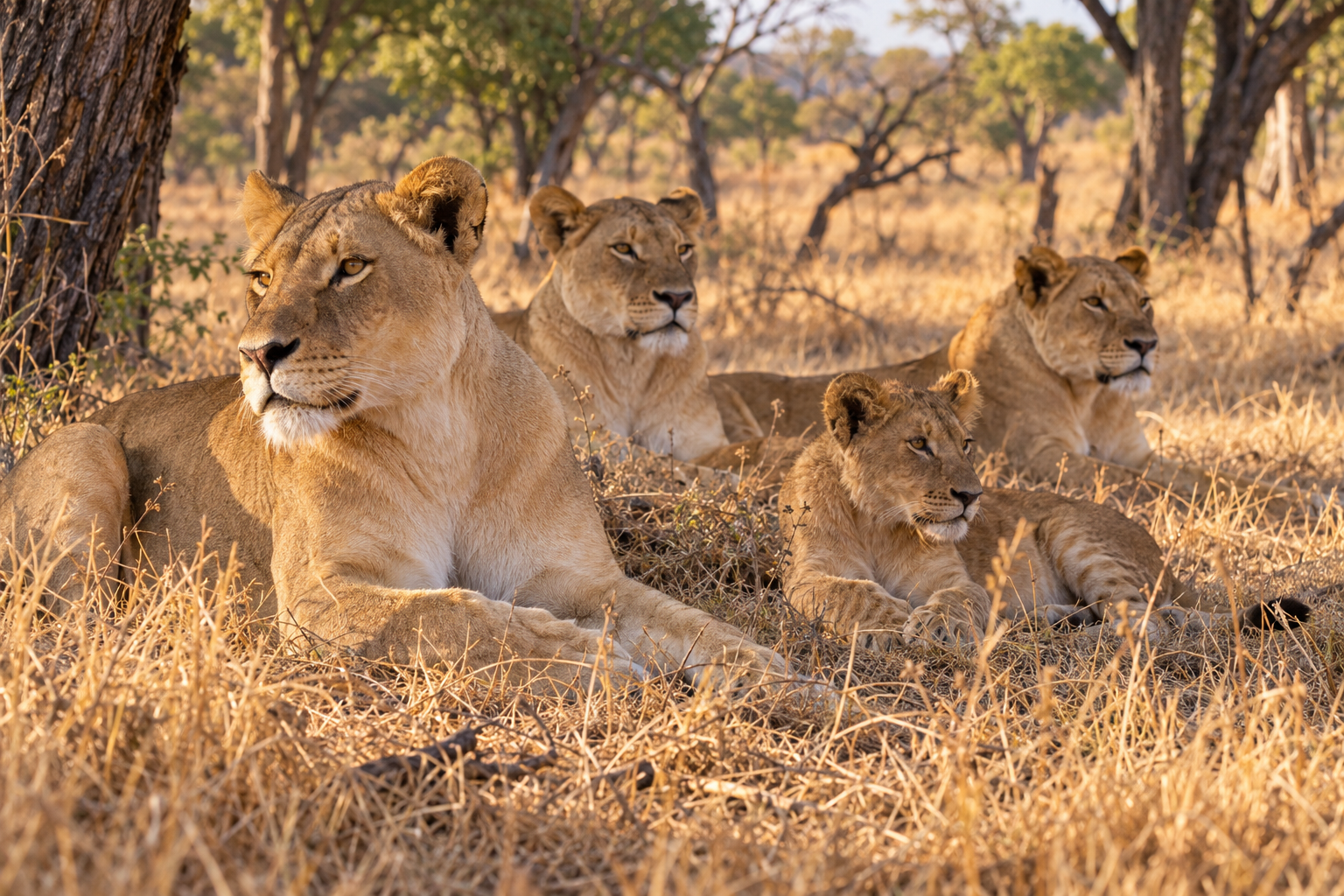 Lion pride resting together in Ruaha's golden grass