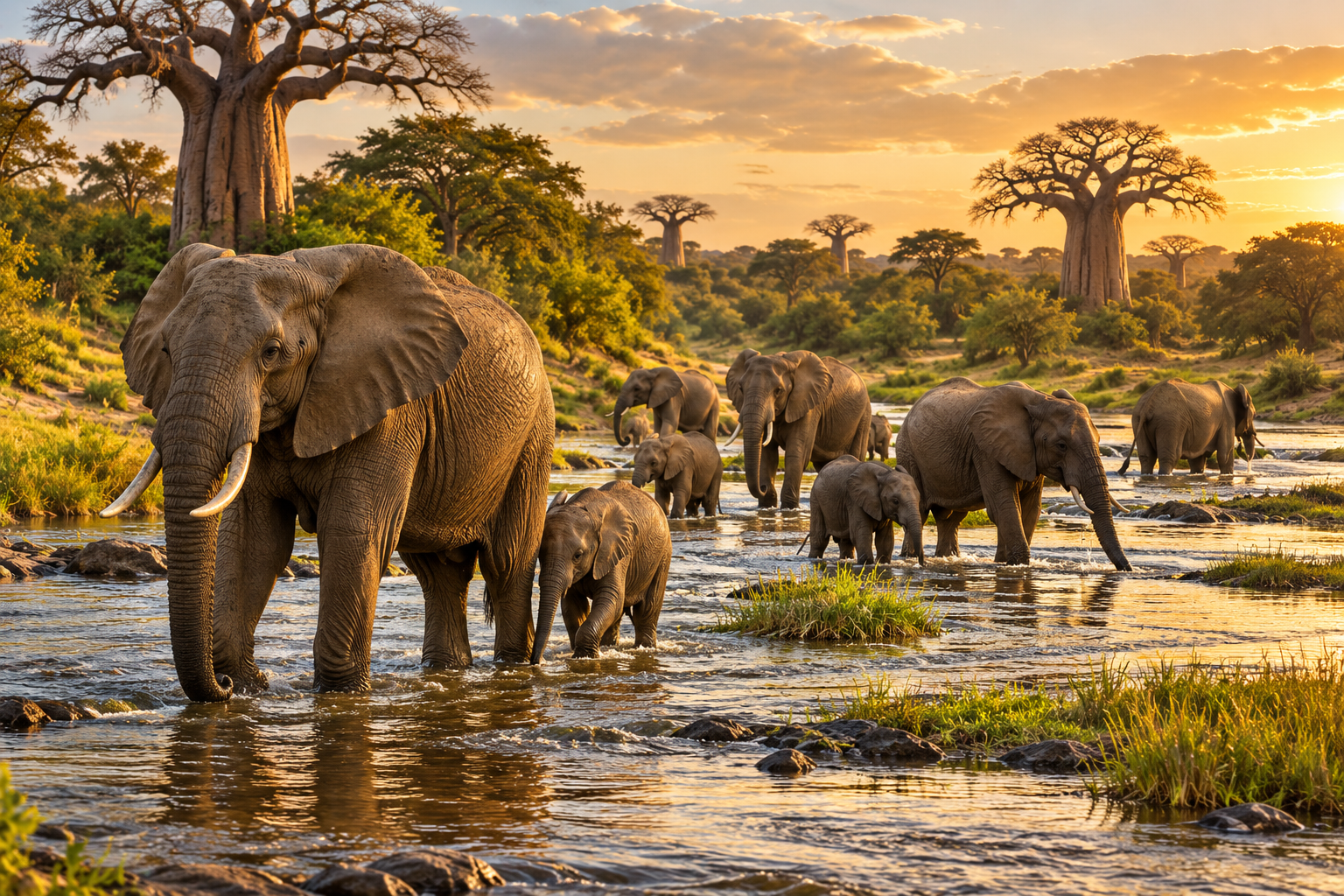 African elephants beside the Tarangire River in warm afternoon light