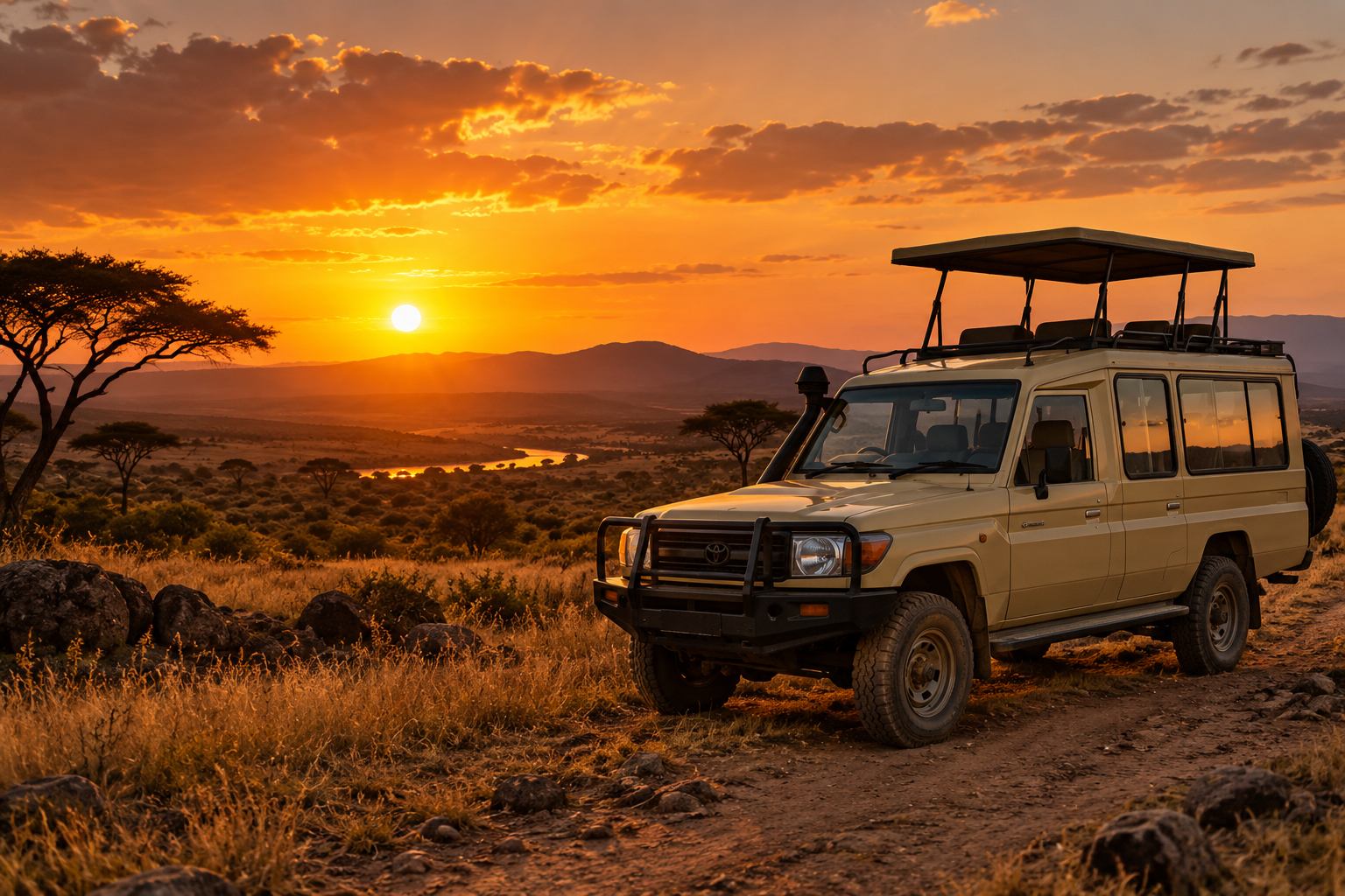 Beige safari 4x4 with a raised viewing roof on a savannah track