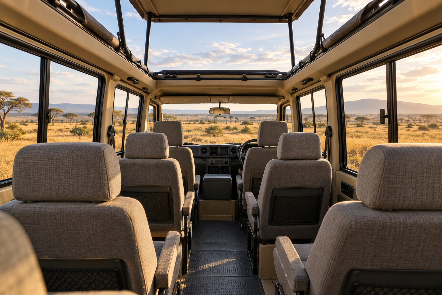 Safari vehicle cabin with individual passenger seats and large windows