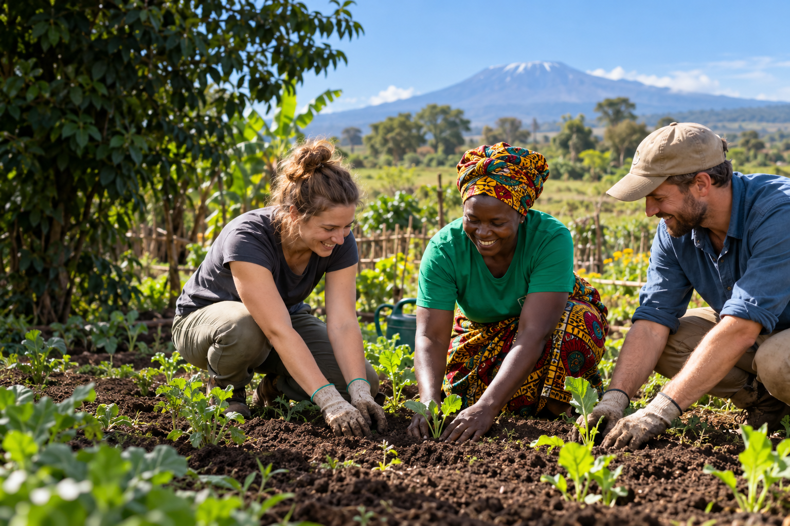 Local project leader and volunteers planting seedlings together
