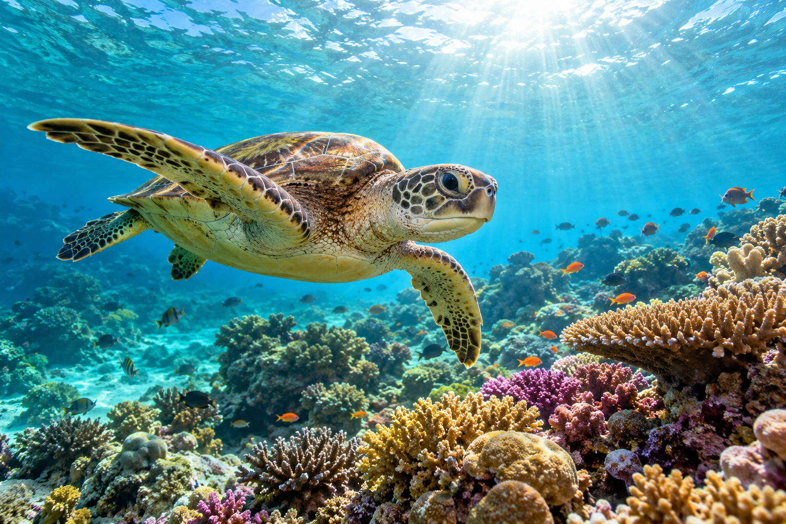 Sea turtle swimming above a sunlit tropical coral reef