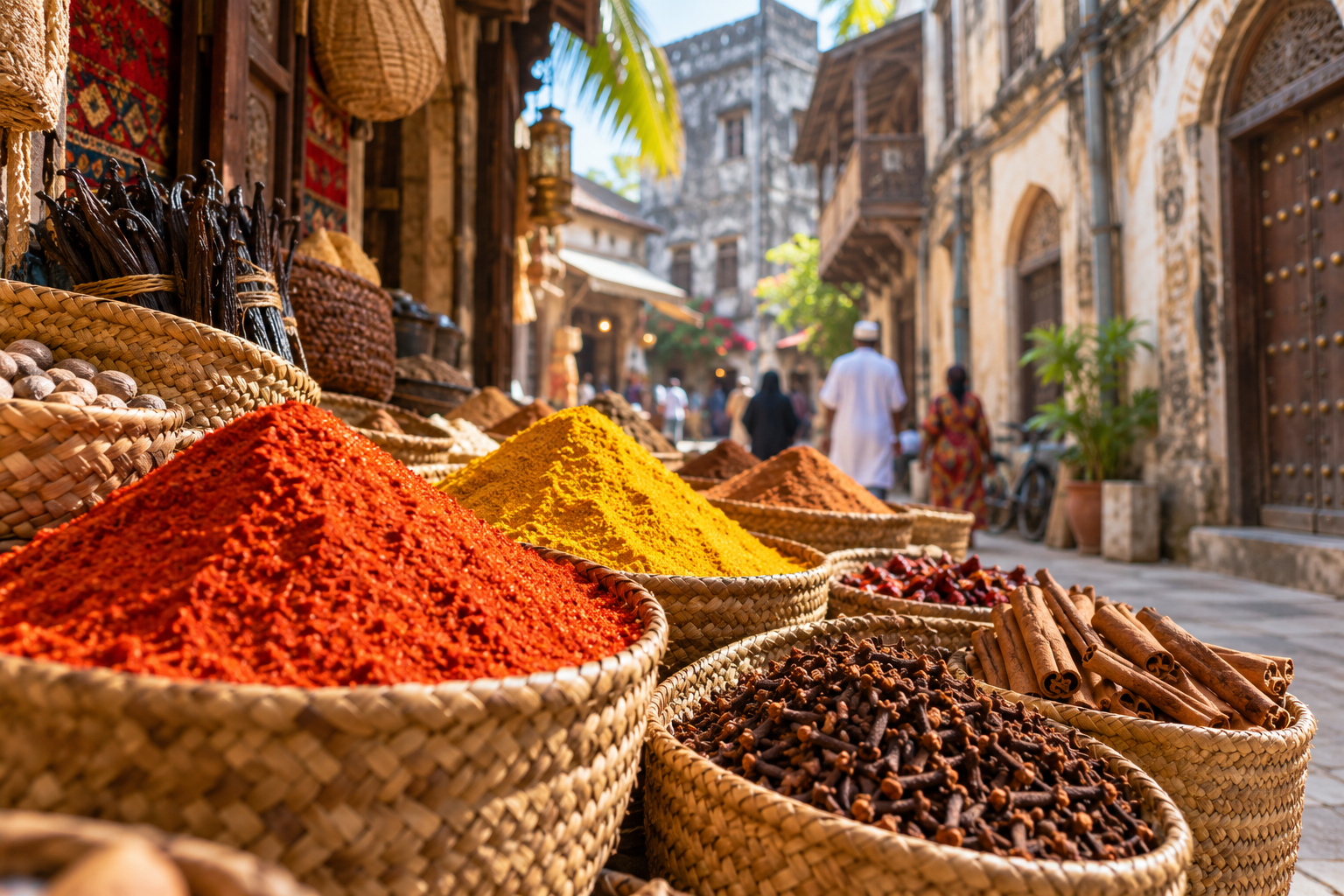 Colourful baskets of spices in an island market